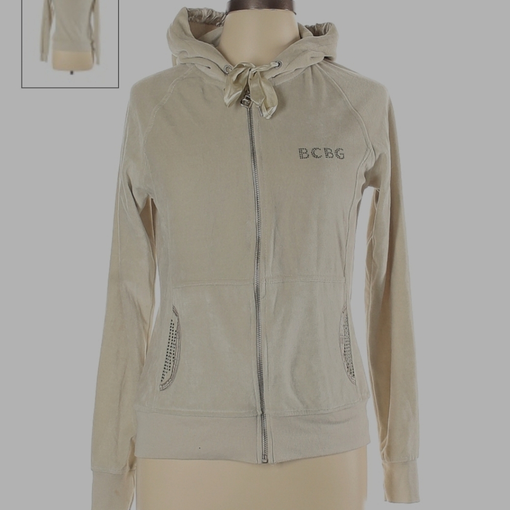 BCBG MAXAZRIA Blinged out, Ivory, Hoodie! Sz L but fits smaller.